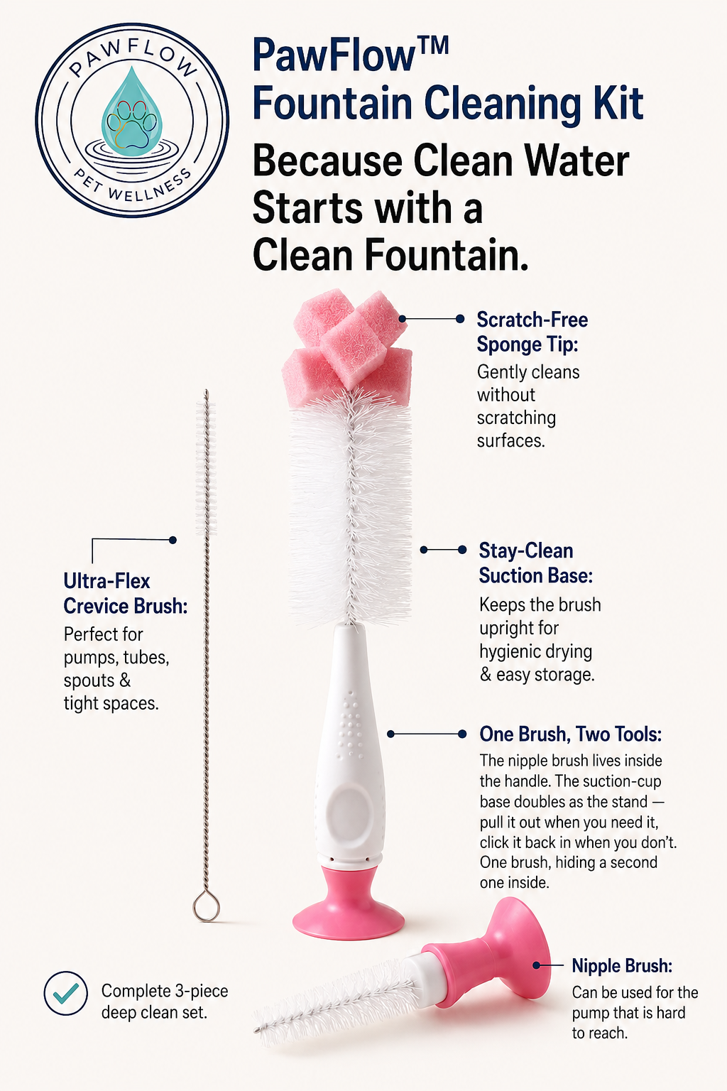 PawFlow™ Fountain Cleaning Kit — Complete 3-Piece Deep Clean Set